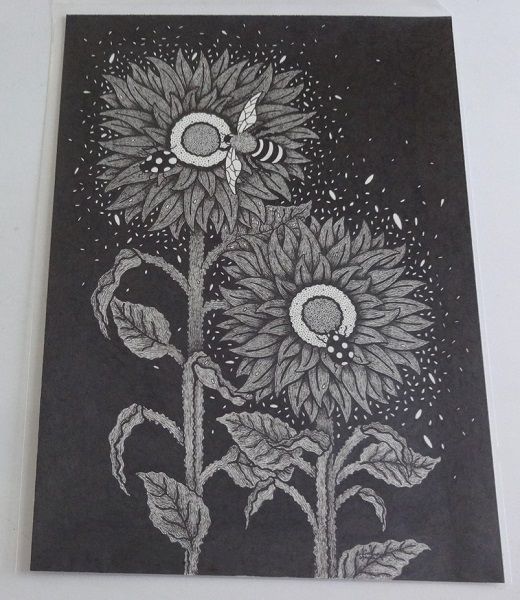 Sunflowers In Nightlife Original Pen And Ink Drawing By English Artist Sharon Godwin