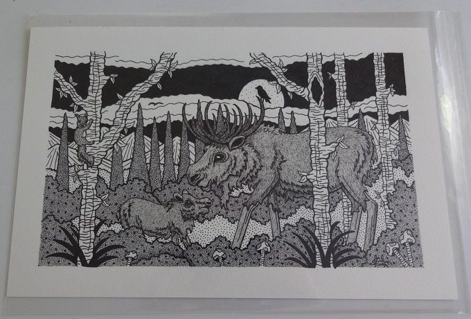Mother Moose And Her Young Original Pen And Ink Drawing By English Artist Sharon Godwin