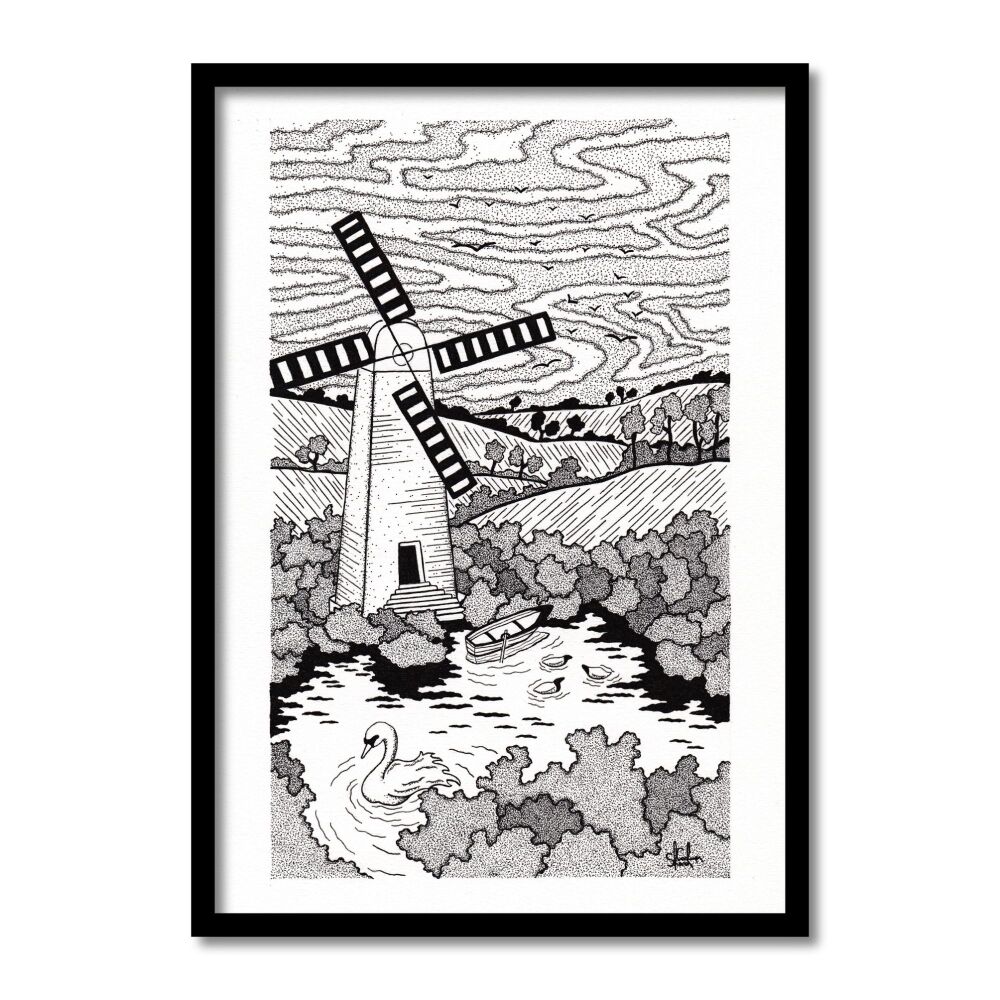 Windmill By The Lake Original Art Pen And Ink Drawing For Sale | S Godwin Studio