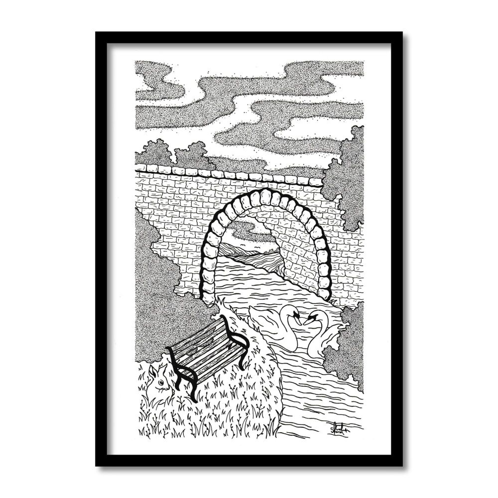 Swans By The Bridge Original Art Pen And Ink Drawing For Sale | S Godwin Studio