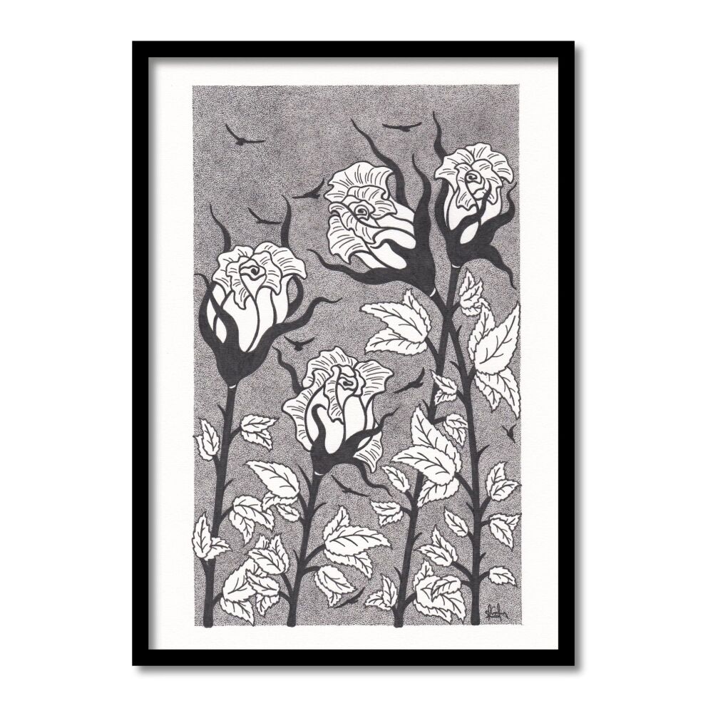 Rose Buds Blooming Original Art Pen And Ink Drawing For Sale | S Godwin Studio