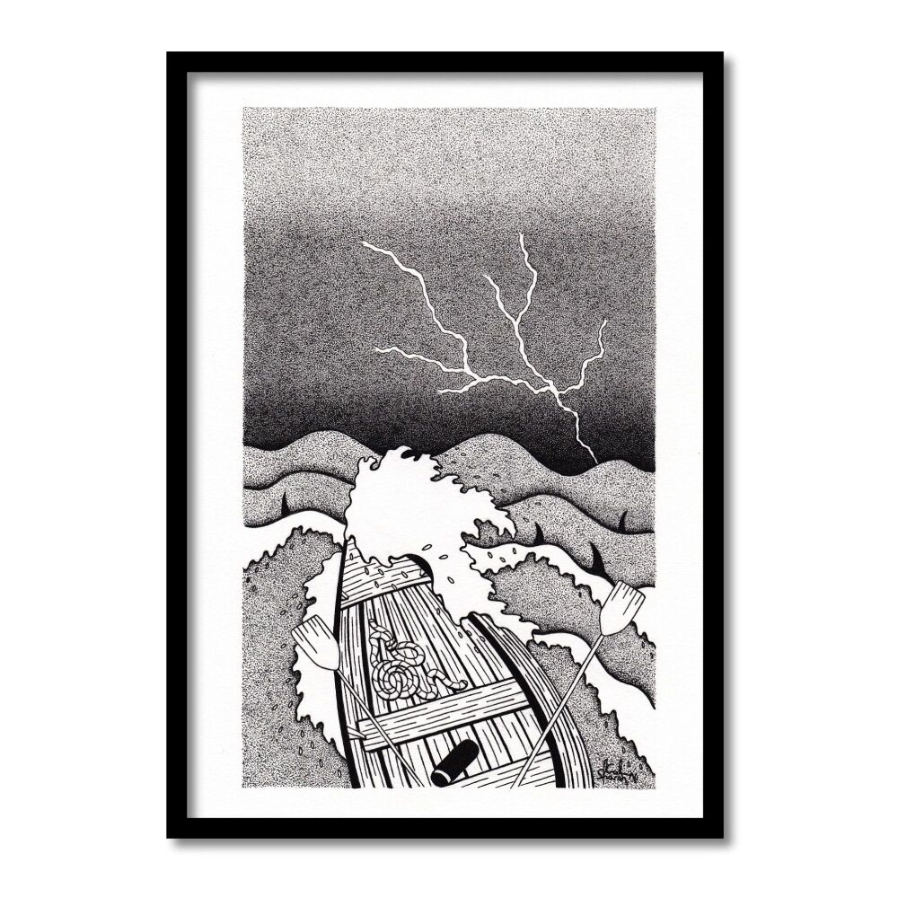 Crossing The Stormy Sea Original Art Pen And Ink Drawing For Sale | S Godwin Studio