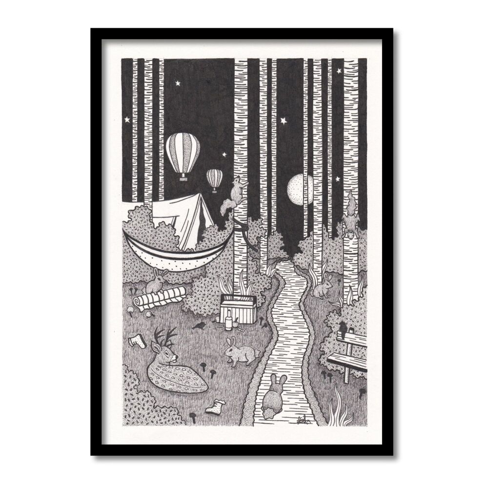 Camping In The Woods Original Art Pen And Ink Drawing For Sale | S Godwin Studio