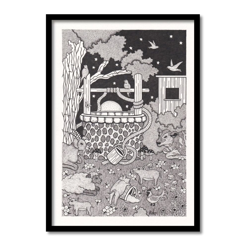 Wildlife By The Stone Well Original Art Pen And Ink Drawing For Sale | S Godwin Studio