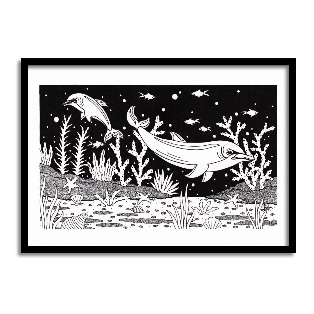 Dolphins Swimming Original Art Pen And Ink Drawing For Sale | S Godwin Studio