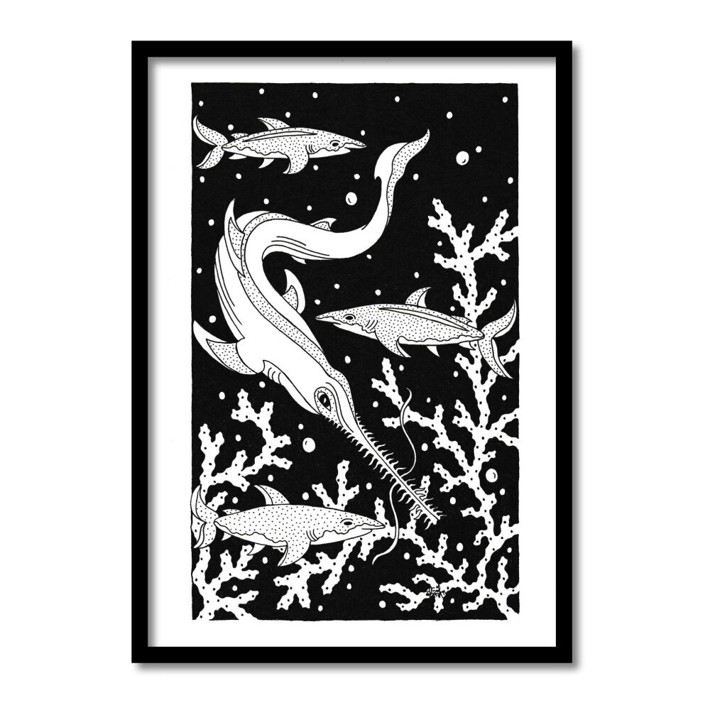 Sawfish And Sharks Original Art Pen And Ink Drawing For Sale | S Godwin Studio