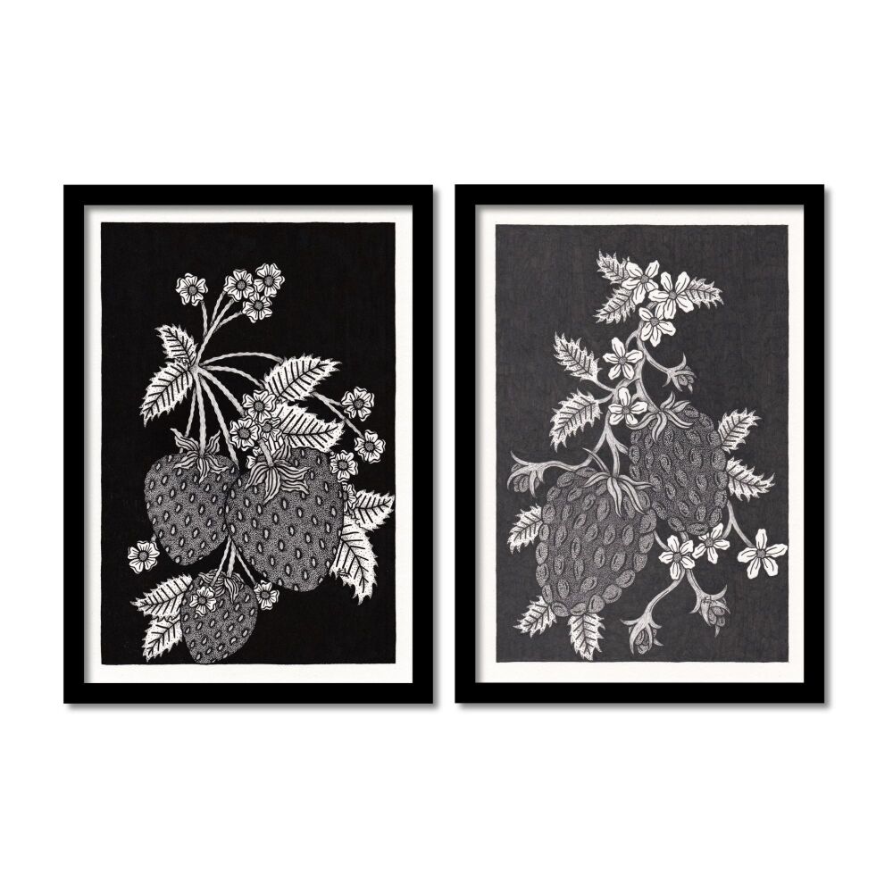 Strawberry And Raspberry Set Original Art Pen And Ink Drawings For Sale | S Godwin Studio