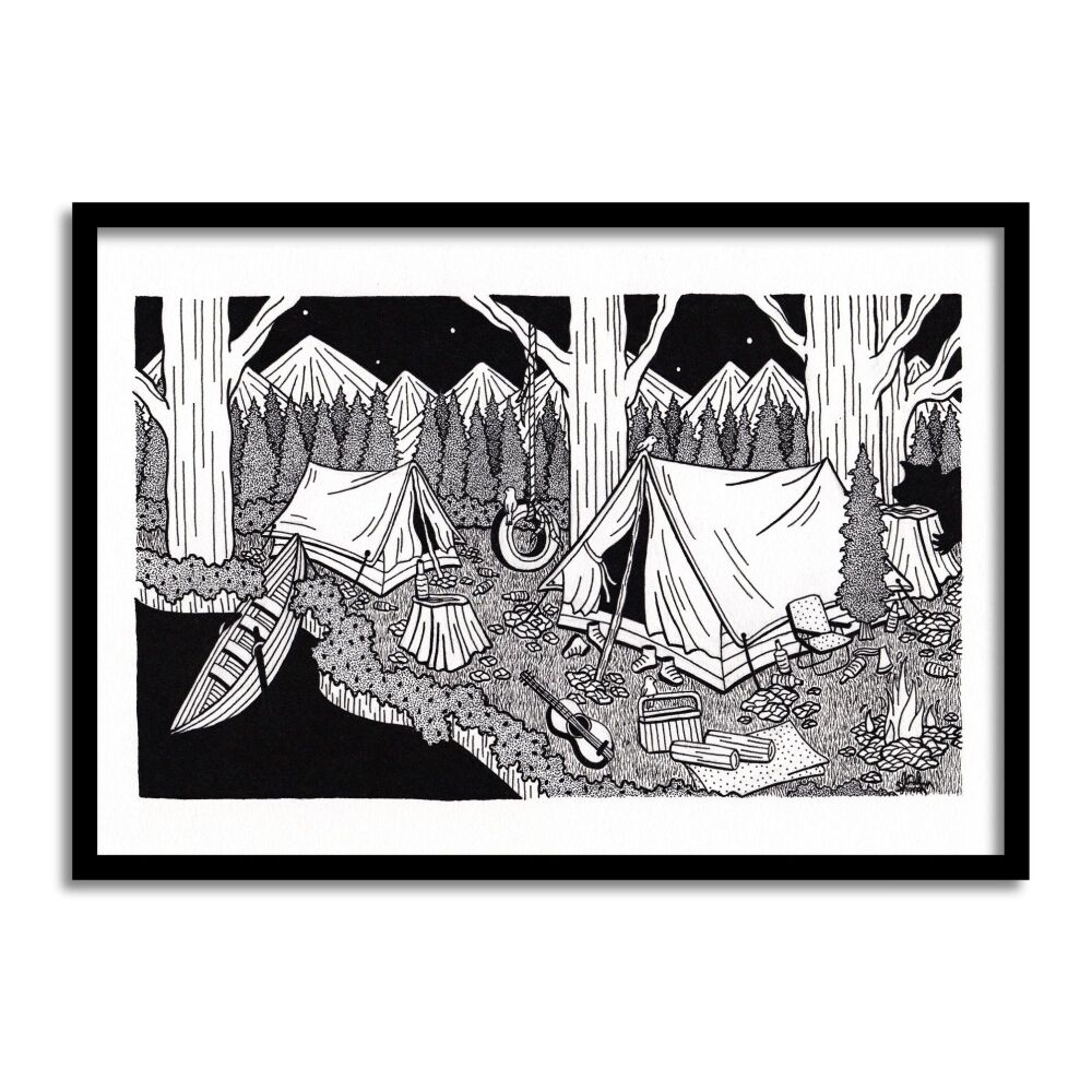 Camping By The Lake Original Art Pen And Ink Drawing For Sale | S Godwin Studio