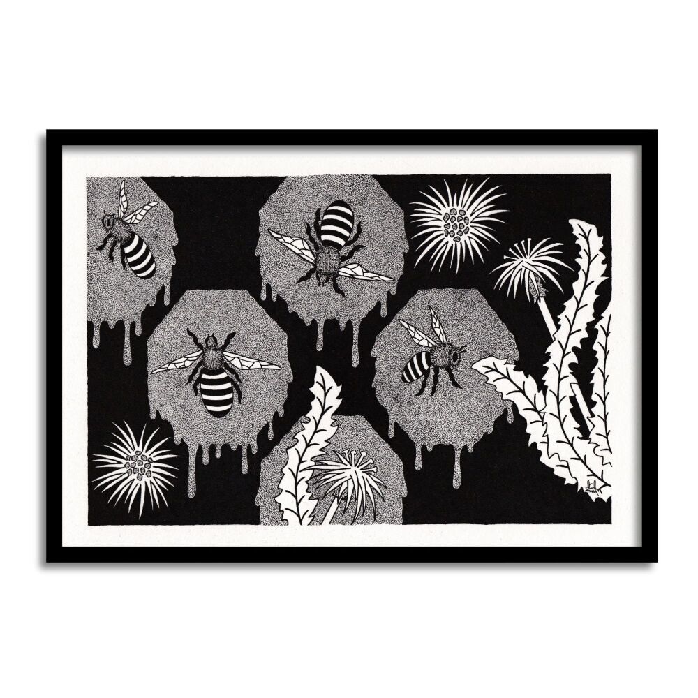 Honeycomb Bees And Dandilions Original Art Pen And Ink Drawing For Sale | S Godwin Studio