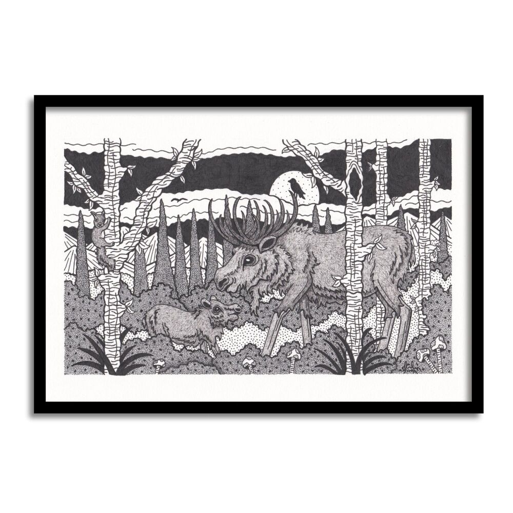 Mother Moose And Her Young Original Art Pen And Ink Drawing For Sale | S Godwin Studio