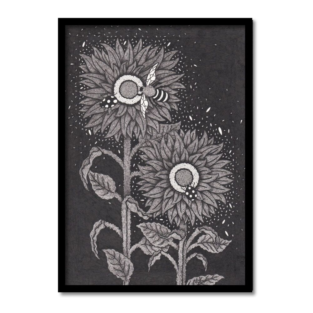 Sunflowers In Nightlife Original Art Pen And Ink Drawing For Sale | S Godwin Studio