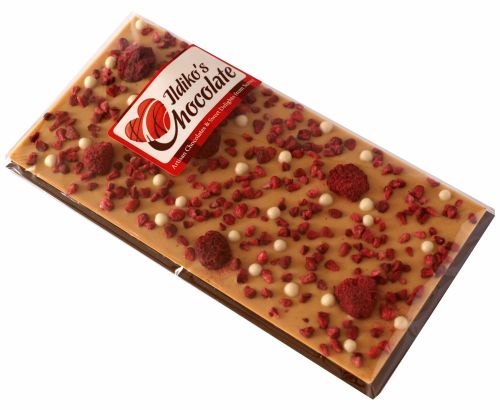 <!--023-->Blonde; caramelized white chocolate with Raspberries and white ch