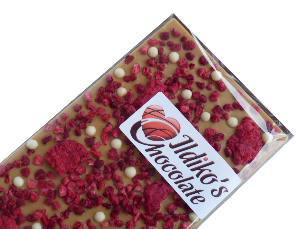<!--023-->Blonde; caramelized white chocolate with Raspberries and white ch