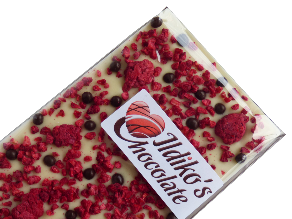 White Chocolate Slab with Raspberries, Dark Chocolate- Biscuit pearls