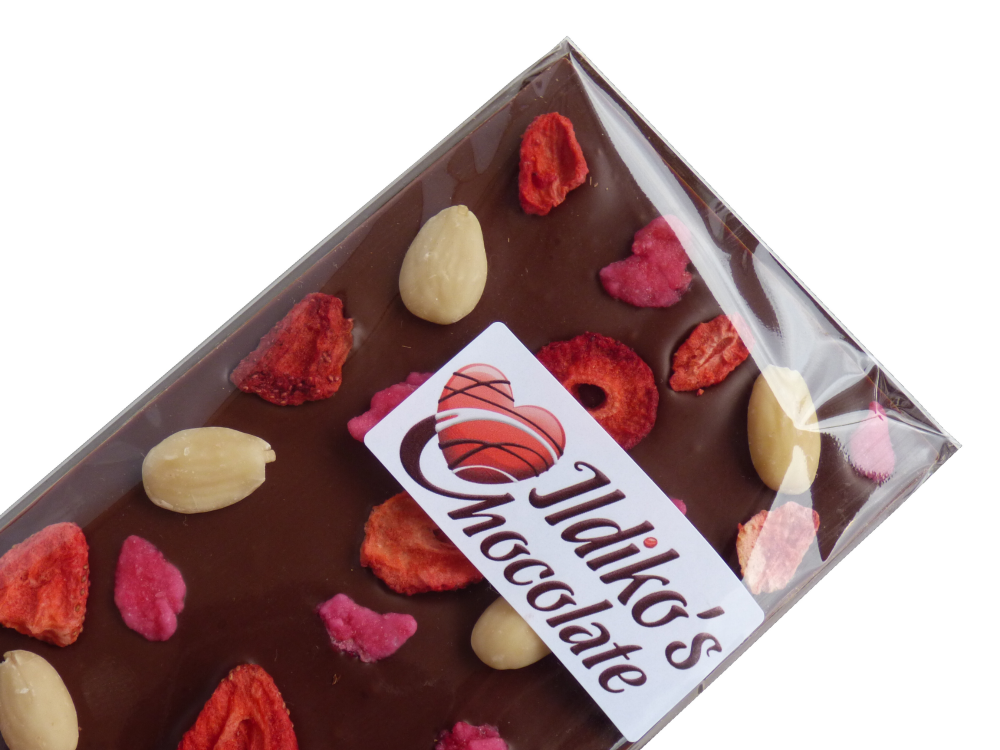 Finest Belgian Milk Chocolate Slab with  almonds, strawberry and crystallised rose petals 