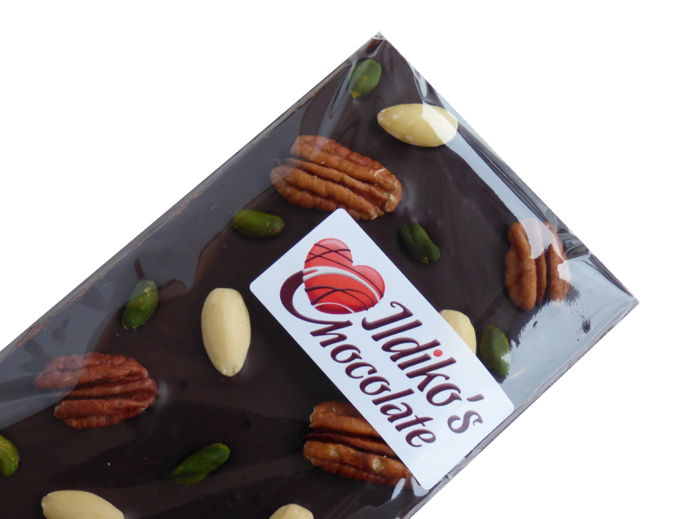 Extra Dark Chocolate Slab (Cocoa solids 80.1 %) with Pistachios, Blanched almonds and Pecans
