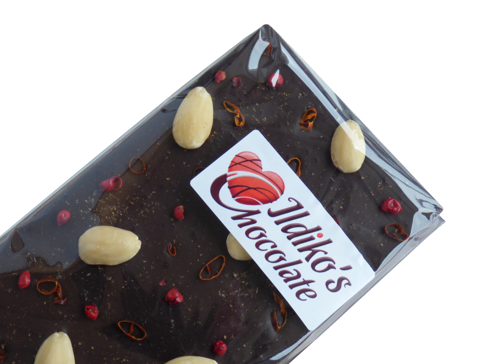 Extra Dark Chocolate Slab (Cocoa solids 80.1%) with Chilli, Pink Peppercorn, Blanched Almonds