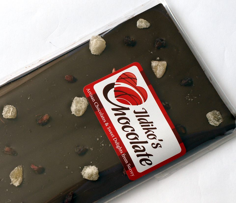 Dark Chocolate Slab (60% cocoa solids) with Ginger, Pomegranates & Maldon Smoked Sea Salt