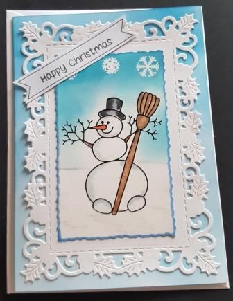 GC 2019 - Christmas - Snowman with broom on ornate holly white frame Happy