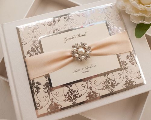 Luxury Personalised Wedding Guest Book Foil Mirror Ribbon Crsytal Luxury Personalised Wedding Guest Book Regal Mirror