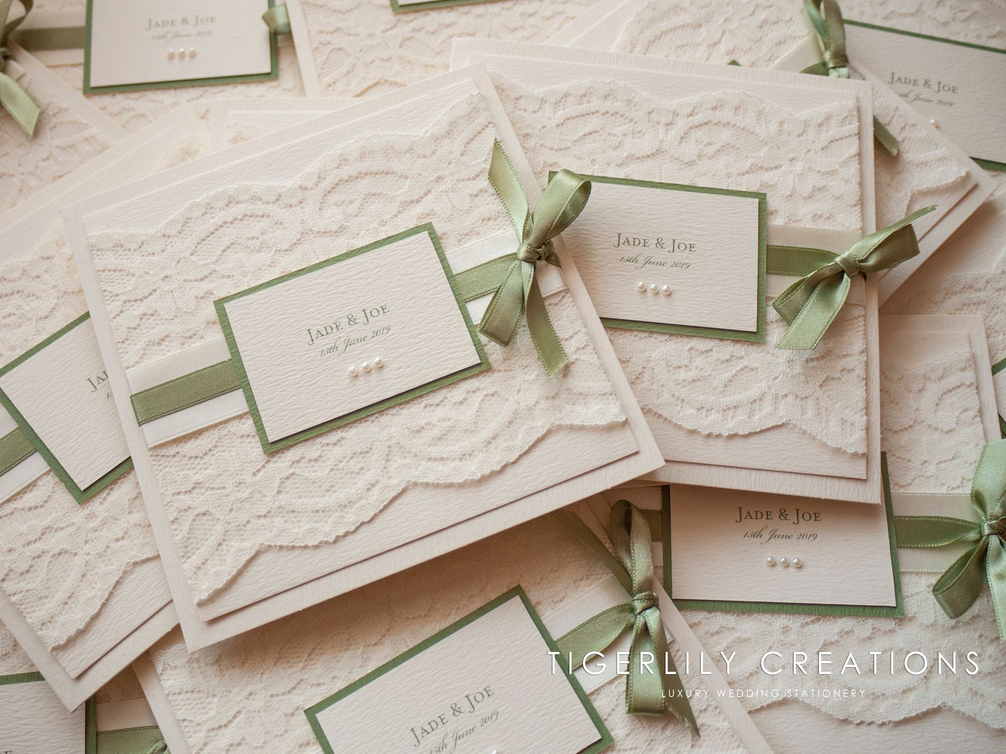 Sage Green & Ivory Lace Wedding Invitations