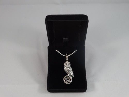 silver owl on pentagram with 18 inch silver chain and giftbox