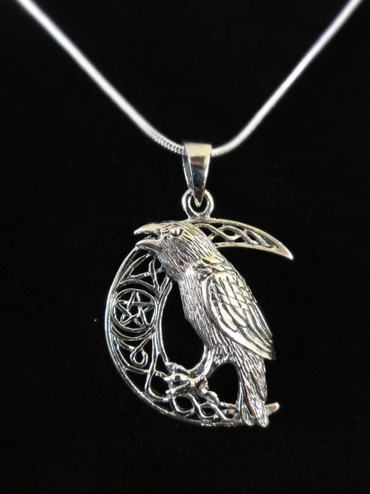 sterling silver raven moon pendant