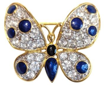 Vintage Cabouchon gold plated butterfly brooch with blue enamel, blue diamantés and Austrian crystals.