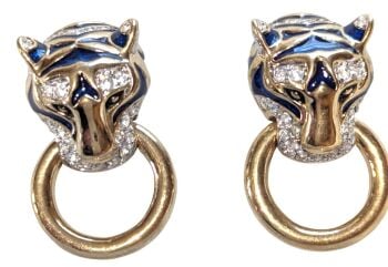 Cabouchon Tiger clip earrings with gold plating, navy blue enamel, and Austrian crystals