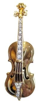 Vintage Cabouchon gold plated violin brooch with Austrian crystals.