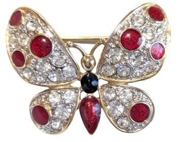 Vintage Cabouchon gold plated butterfly brooch with red enamel, red diamantés and Austrian crystals.