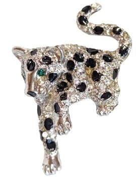 Vintage Cabouchon rhodium plated leopard brooch with Austrian crystals and black diamantés