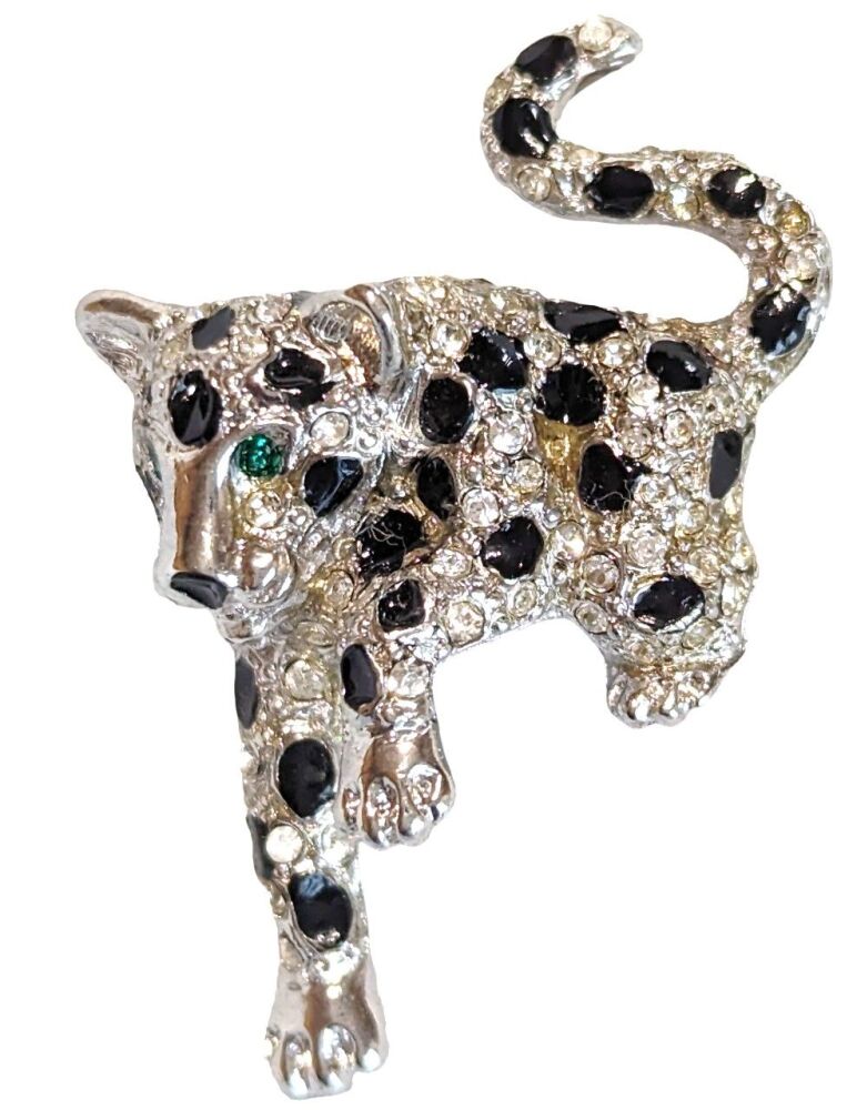 Vintage Cabouchon rhodium plated leopard brooch