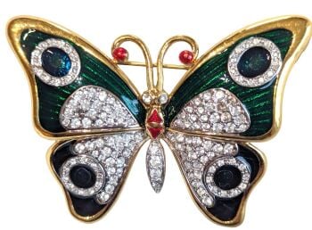 Vintage Cabouchon gold plated butterfly brooch in green enamel with Austrian crystals,  blue and red diamantés