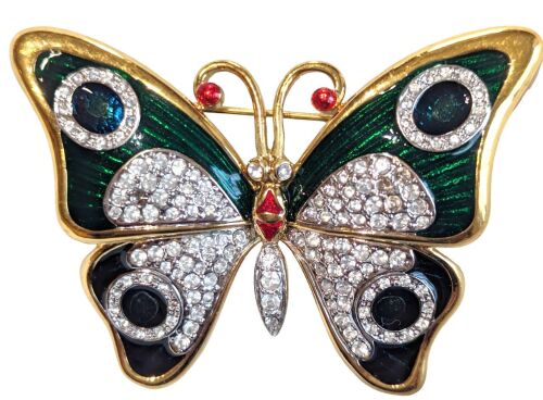 Vintage Cabouchon gold plated butterfly brooch in green enamel with some bl