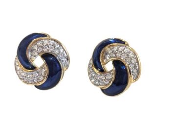 Vintage Cabouchon earrings with blue enamel and Austrian crystals, for pierced ears