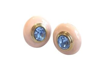 Vintage Cabouchon earrings with a light blue stone and pink enamel, for pierced ears