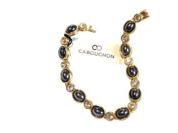 Vintage Cabouchon bracelet with gold plating, hematites and Austrian crystals. Size medium.