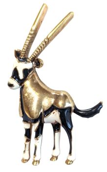 Vintage Cabouchon gold plated antelope brooch in black and white enamel