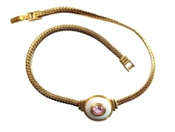 Vintage Cabouchon gold plated necklace with a pink stone and eggshell coloured enamel