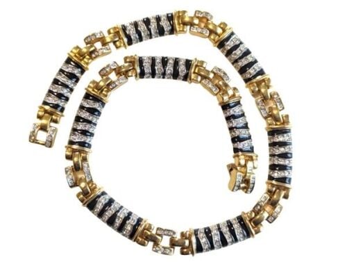 Vintage Cabouchon necklace with gold plating, rhinestones and black Austria