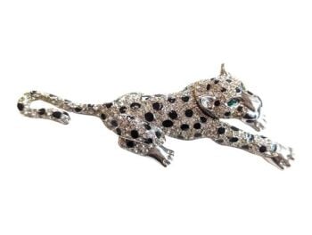 Vintage Cabouchon rhodium plated brooch from the Leopard collection with Austrian crystals and black diamantés