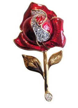 Vintage Cabouchon gold plated red rose brooch with Austrian crystals.