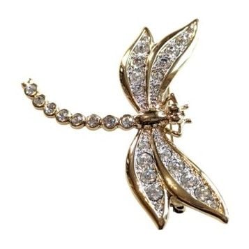 Vintage Cabouchon gold plated dragonfly brooch with Austrian crystals