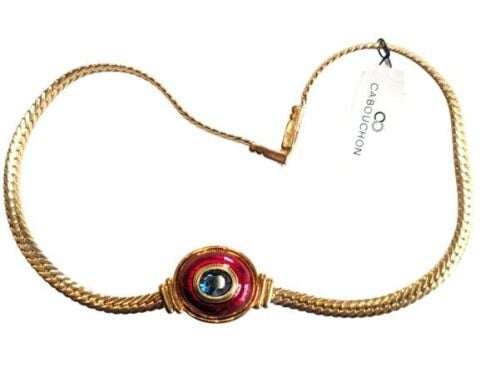 Vintage Cabouchon gold plated necklace with a blue stone and red enamel