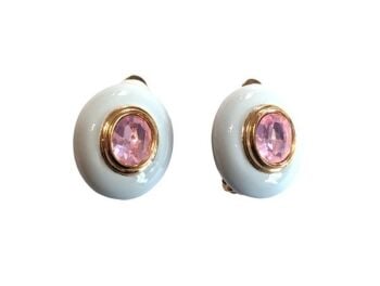 Vintage Cabouchon clip earrings with a pink stone and eggshell coloured enamel