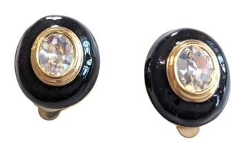 Vintage Cabouchon clip earrings with Austrian crystals and black enamel