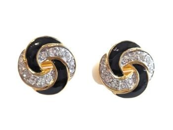 Vintage Cabouchon clip earrings with black enamel and Austrian crystals