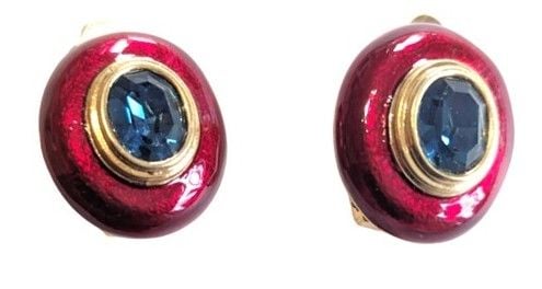 Vintage Cabouchon clip earrings with a blue stone and red enamel