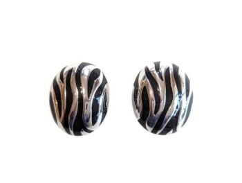 Vintage Cabouchon Zebra clip earrings with black enamel and rhodium plating